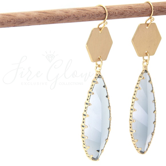 Clear Teardrop Gem Brushed Gold Tone Hex Earrings - Picture 5 of 10